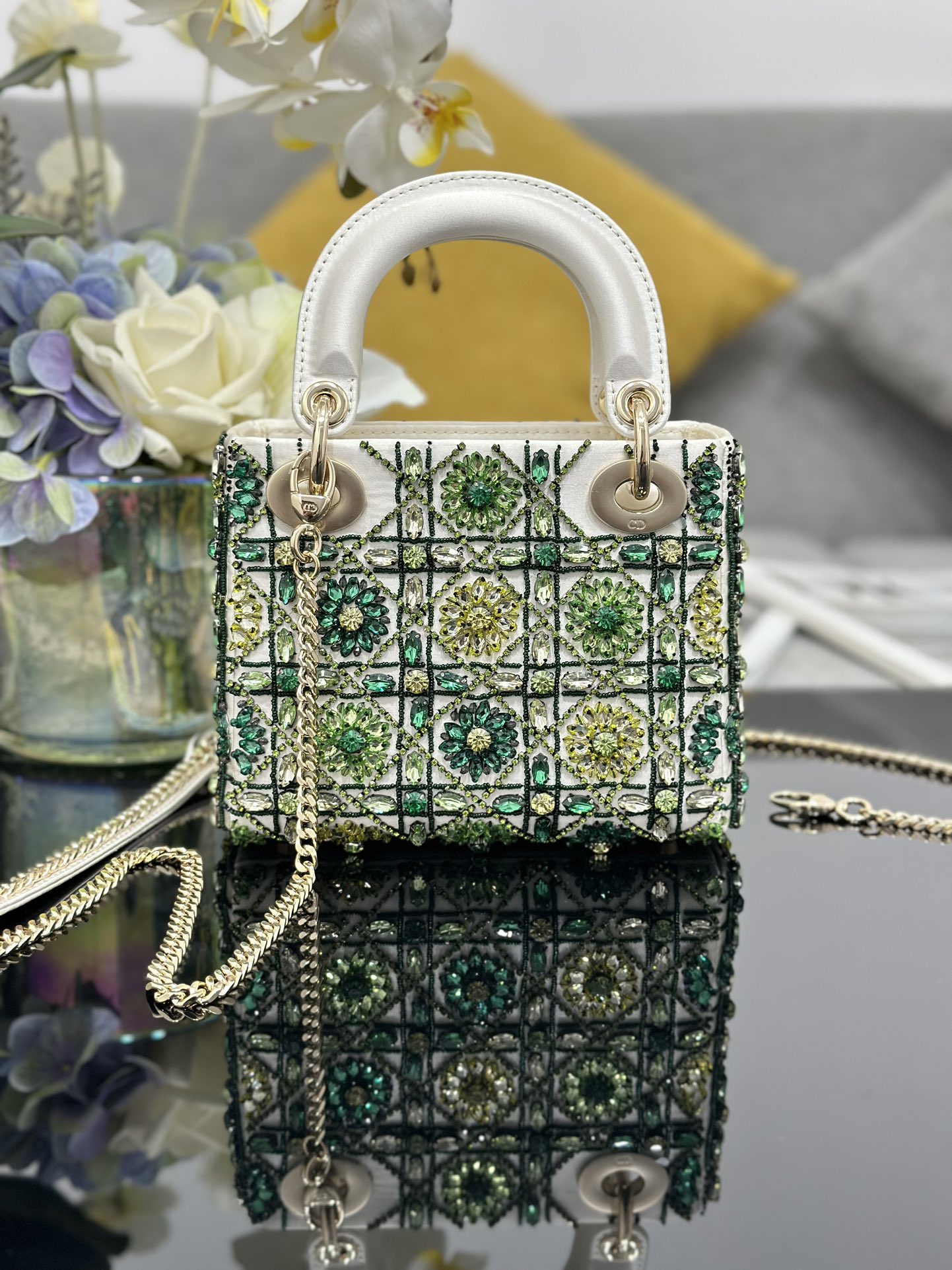 Mini Lady Dior Bag White Satin Embroidered with White Green Diamond